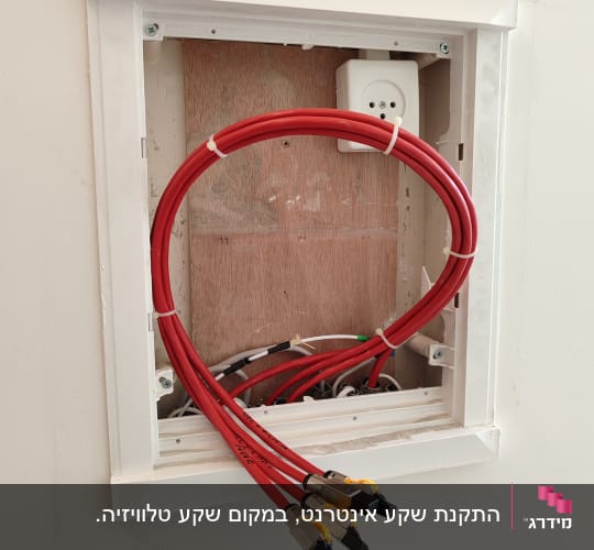כבלים אדומים עם מחברים בתיבת תקשורת בקיר